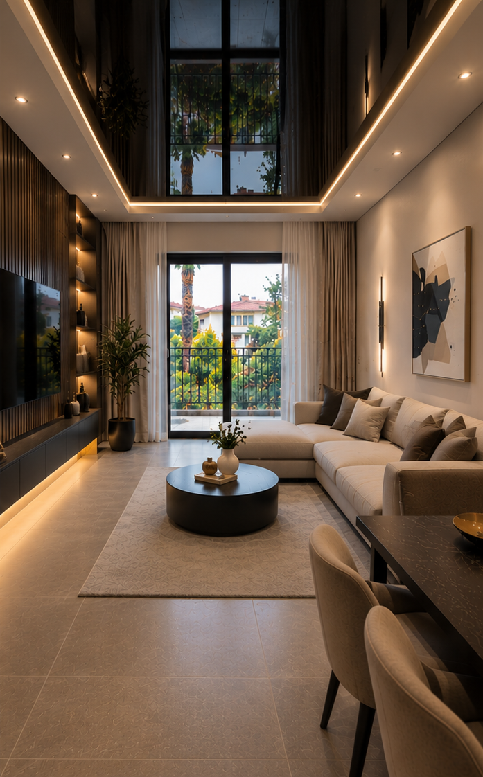 Concept de interior finisat, cu tavan elegant și iluminare ambientală